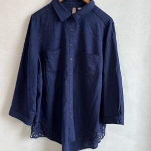 Penningtons Navy Linen Blend Blouse with Lace Hem
